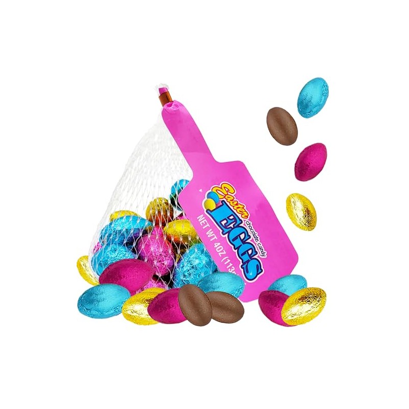 Easter Pastel Foiled Eggs Milk Chocolate Mesh Bags, Happy Easter