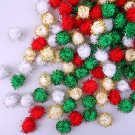Cooraby 200 Pieces Glitter Christmas Pom Poms Assorted Colors Sparkle Pom Poms Balls for Arts Crafts Supplies (20mm)