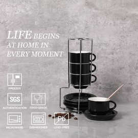 Sweejar Porcelain Espresso Cup & Saucer Set, Stackable Demitasse Cups with Metal Stand, 2.5 OZ for Latte,Coffee,Cafe Mocha,Tea, Set of 6(Multi)