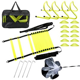 Amarine Made Speed Agility Training Set Agility Ladder Including Resistance Parachute,Steel Stakes,Adjustable Hurdles,Disc Cones and a Storage Bag for Training Soccer Hockey Basketball