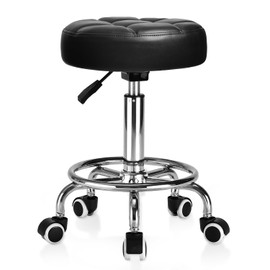 Rolling Stool PU Leather Round - Ultra Soft Padded Seat Cushion Stool with Wheels with Footrest, Weight Capacity 300lb,Adjustable Height Stool for Tattoo Massage Salon Medical Spa Center (Black1)