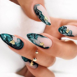 Press on Nails Almond 24Pcs Glossy Full Cover Acrylic Medium False Nails with Green Marble Designs Artificial Almond Fake Nails with Charm Glue Stick on Fingernails for Women Girls