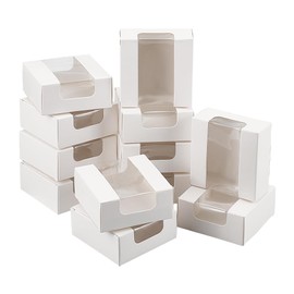NBEADS Pack of 30 Gift Boxes with PVC Windows, 8 x 8 x 3.5 cm Kraft Paper Cardboard Box, Foldable Storage, Gift Boxes for Party, Favours, Treats, Bakery and Jewellery Packaging, White
