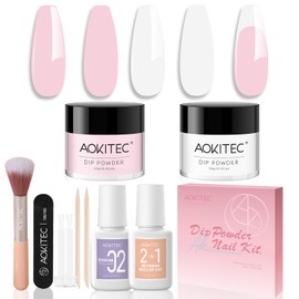 Aokitec 3 Colours Purple Nude Pink Dip Powder Nail Set with 2-in-1 Dip Base Liquid & Top Coat Activator Dip Nail Set for Dip Nails System Nail Art
