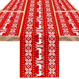 DPKOW Red Christmas Table Runner Placemats Sets, Christmas Dinner Table Decorations Xmas Table Runner Place Mats Elk Christmas Tablecloth Red Table Runner Christmas Decor Table Home, Fabric Washable