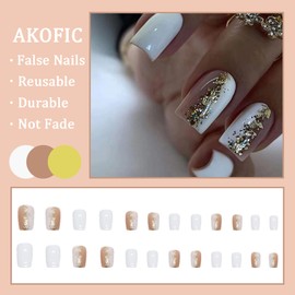 AKOFIC 24Pcs Short False Nails Ballerina, French Acrylic Press on Nails Designs, Full Cover Stick on Nails, Fake Nails with Jelly Glue for Women Girls Nail Art (Sequins White Pink)