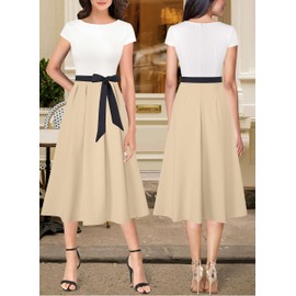 VFSHOW Womens 2025 Summer Work Business Midi Dresses Belted Pockets Office Slimming A-Line Colorblock Fit and Flare Dress (Off White, XXX-Large) 11823 WHT 3XL