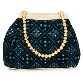 LONGING TO BUY Potli Bag for Women, Evening Bags for Women Handbags, Embroidered Indian Ethnic Potli Bag for Women (Dark Sea Green)