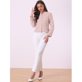 Allegra K Women's Plaid Tweed Blazer Long Sleeve Button Down Work Office Short Jacket Small Pink