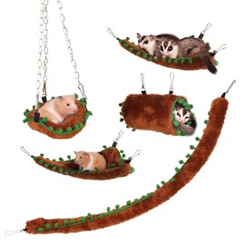 HardcorePet Sugar Glider Hammock Set Toy Brown 5-Piece Set Mouse Hanging Warm Bed Hamster Tunnel and Hideout Mouse Nest Accessories Toy Decorations Small Animal Climbing Swing (Brown)