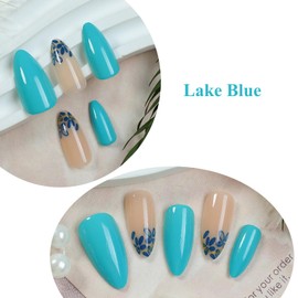 MERVF Almond Press on Nails Medium Fake Nail Lake Blue Glue ons Leaf Flower French Design Stiletto Acrylic Elegant Summer Glitter Art Manicure Glossy 24pcs