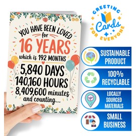 16th Birthday Card - Sweet 16 Birthday Card for Girls or Boys - Happy Birthday Cards for 16 Year Old Daughter, Son, Niece, Nephew, Grandson, Granddaughter - Loved for Sixteen Years Bday - NUM 269