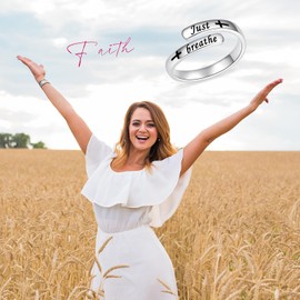 Just Breathe Cross Ring 925 Sterling Silver Adjustable Rings Inspirational Jewelry Anti-anxiety Mood Gifts for Women