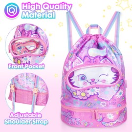 YOYTOO Drawstring Backpack for Kids Girls, Cute Cartoon Cat Waterproof Drawstring Bag String Swim Gym Sports Beach Bag with Shoes & Sunglasses Compartment and Wet Proof Pocket