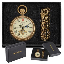 Tiong London Tourbillon Moon Phase Design Mechanical Pocket Watch Copper Steampunk Men's Pocket Watches with Chain for Men