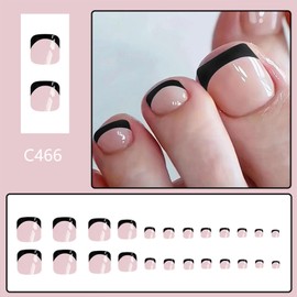Black French Tip Press on Toenails Short Square Fake Toe Nail Press ons Light Pink Full Cover Toe Nails Glue on Glossy Fake Toenails Acrylic Press on Toe Nails for Women Girls 24Pcs