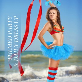 Janmercy 2 Tulle Tutu Costume Set 2 Tulle Tutus Skirts 2 Headband Ponytails 2 Long Knee Thigh High Striped Sock (Sky Blue)