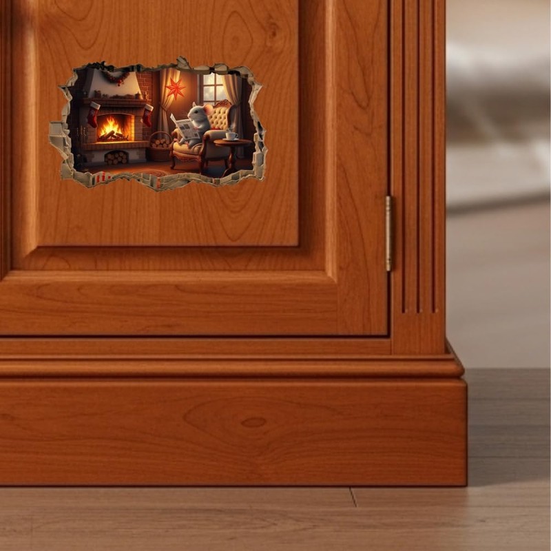 Mouse Wall Decal, 3D Christmas Fireplace Scene Wall Decal, Cozy