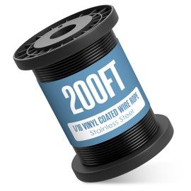 Houseables Wire Rope, Trellis Wire, Plastic Coated Cable, Vinyl Coated Cable, 1/16, 200 FT, Stainless Steel, Braided, Black, Clothesline, String Light, Picture Hanging, Clothes Line, Climbing Plants