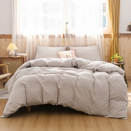 ECOCOTT 3 Pieces Duvet Cover Set Queen 100% Washed Cotton 1 Duvet Cover with Zipper and 2 Pillowcases, Ultra Soft and Easy Care Breathable Cozy Simple Style Bedding Set(Beige)
