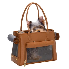 Fashion Pet Carrier Purse for Small Cat and Dog, Luxury Pu Soft-Sided Tote Bag with Large Pockets for Dogs and Puppies (Brown, 15.8" L x 7.5" W x 11.8" H)