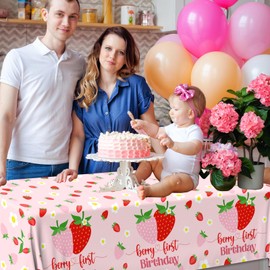 Dydamud Berry First Birthday Decor, 3Pcs Strawberry Tablecloth Plastic Table Cover Strawberry 1st Birthday Decorations for Girl