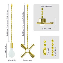 SHIFANQI Ceiling Fan Pull Chain, 2 Pack 3D Bulb&Fan Pull Chain Extension, 12 Inches Decorative Chain Pulls Pendant for Ceiling Light Fan Lamp, Beads Ball Pull Chain Extenders with Connector (Gold)
