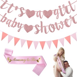 Baby Shower Banner, Mummy to Be Sash and Pink Bunting, Baby Shower Decorations Girl, It's a Girl Banner for Family Girls Newborn Birthday Homecoming Theme Party