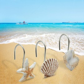 Seashell Shower Curtain Hooks,12PCS Anti Rust Decorative Resin Hooks for Bathroom, Baby Room, Bedroom, Living Room Decor (Light Brown Seashell)
