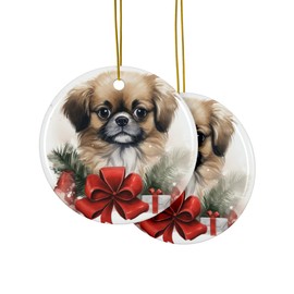 DistinctInk Hanging Ceramic Christmas Tree Ornament with Gold String - Great Gift/Present - 2 3/4 inch Diameter - Tibetan Spaniel Puppy Drawing Design