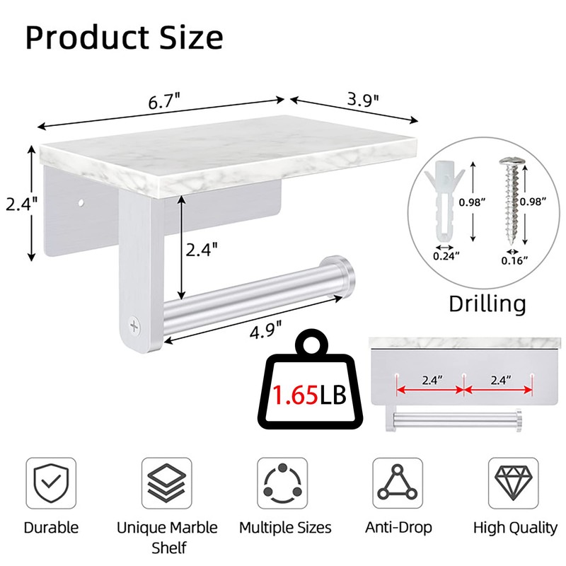 Gypie Brushed Nickel Toilet Paper Holder with Natural Marble Shelf,