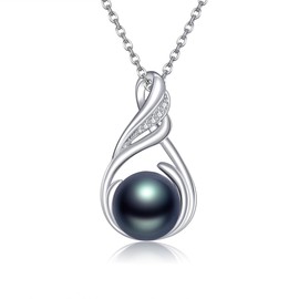 POPLYKE Black Pearl Necklace for Women 925 Sterling Silver Pearl Pendant 8mm Pearl Jewellery Wedding Necklace