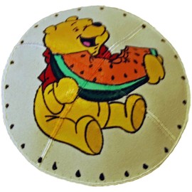 Hand-painted Kippah (Yarmulke) with a Yellow Bear Eating a Watermelon