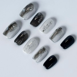 Nail Tip, Press on Nail, Set of 10, Handmade Nail Tips, Black and White Nuances