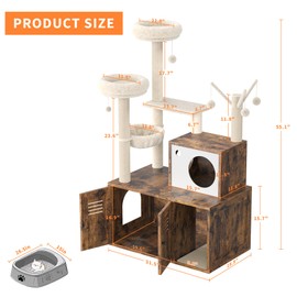 Litter Box Enclosure with Tree Tower and Condo, Wooden Cat Tower with Scratching Posts, Cat Hammock, Hidden Litter Box Furniture,Wooden Cat Furniture with Multiple Platforms,Rustic Brown