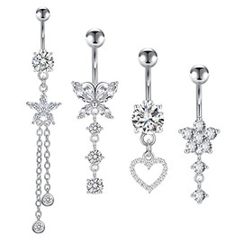 Incaton 14G Belly Button Rings Butterfly Heart Diamond, Stainless Steel Dangle Belly Rings For Women, 6mm Short Bar/ 10mm Hypoallergenic Navel Piercings Silver 10mm