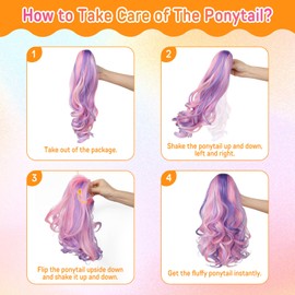 SEIKEA Ponytail Extension, 18" Lightweight Wavy Curly Clip in Hair Extensions Ponytail, Colored Hair Extensions for Kids, Crazy Hair Day Accessories for Girls Synthetic Hairpiece Pink Purple