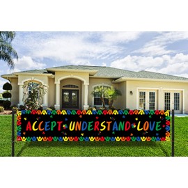 Nepnuser Autism Awareness Fence Banner Accept Understand Love April Decoration Puzzle Piece Large Home Garden Outside Yard Hanging Sign-1.6 * 8.2ft