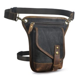 Le'aokuu Men‘s Canvas and Genuine Leather Waterproof Motorcycle Tactic Fanny Belt Waist Pack Drop Leg Thigh Cross Over Bag 211-6 (Black)