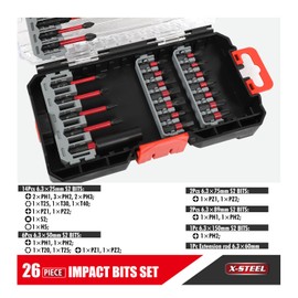 X-STEEL 26PCS Shockwave Bits Set S2 Steel Screwdriver Bit Set with Storage Case - Drill Bits for Power Screwdrivers and Electric Drills