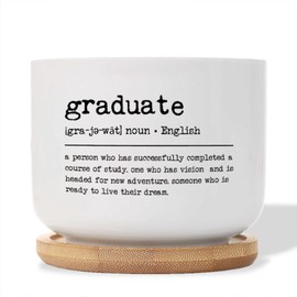 DecStic Graduate Definition Planter Ceramic Bible Verse Round Plant Pot with Drainage Holes and Bamboo Tray Pot for Home Office Decoration