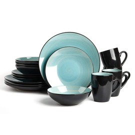 HomeVss Sonoma 16 Piece Stoneware Dinner Set, Outside Black + Inside Handpainted Color Turquoise with speckle