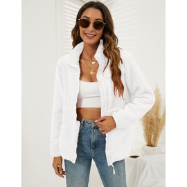 VVK Elegant Faux Fur Coat Women Zip Up Fuzzy Fleece Sherpa Jacket Loose Casual Teddy Outerwear (White, XXL)
