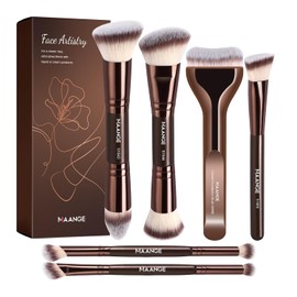 MAANGE Brochas para Maquillaje Profesional, Set de Brochas para Maquillaje de 6 Piezas con Caja de Regalo, Brochas de Doble Punta para Base, Polvo, Contorno y Ojos (Marrón oscuro)