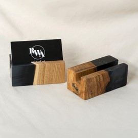 RWA resinwood.art - Element - Unique Resin Business Card Holder Desk, Wood Cards Stand for Office, Luxury Desktop Wooden Bussiness Card Display, Home Decor Tabletop Accessories (Black)