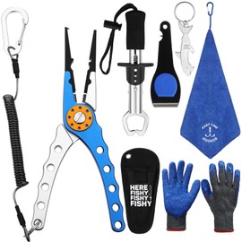 VioraWhite 8 Pieces Fishing Tools Kit Fish Hook Remover Set Include Fishing Pliers Fish Lip Gripper Multifunction Scissors Fishing Gloves Towel Keychain Hook for Men Women Fishing Gifts(Blue)