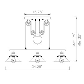 Three-Light Pulley Pendant Light, Indoor Island Light Adjustable Industrial Vintage Rustic Chandelier, Farmhouse Vintage Ceiling Lights Fixture for Dining Room, Living Room or Foyer