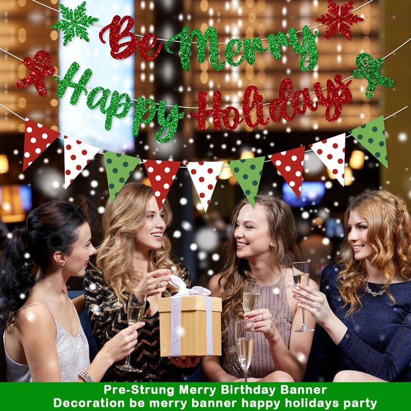 Pre-Strung Be Merry Christmas Decorations Banner Happy Holidays Party Red