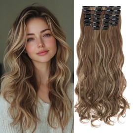 Benehair 22" Clip in Hair Extensions 12 Pcs Long Curly Wave Hair Extensions Clip in Full Head Synthetic Fiber Brown mix Ash Blonde Hair Piece for Women Girls(Brown mix Ash Blonde, 180g)