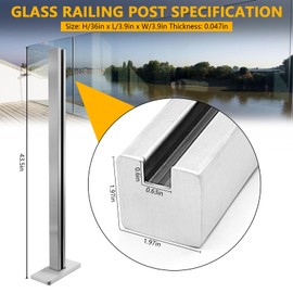 VoTwoofv Glass Railing End Post 35.8",SUS304 Stainless Steel Glass Balustrade Post with Spigot Slots for Indoors & Outdoors Railing of Deck,Balcony,Attic,Staircase (End Post,Silver)…